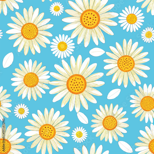 Seamless floral pattern featuring white daisies with yellow centers
