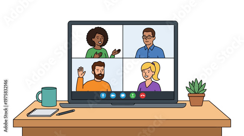Virtual meeting with four colleagues on a laptop screen