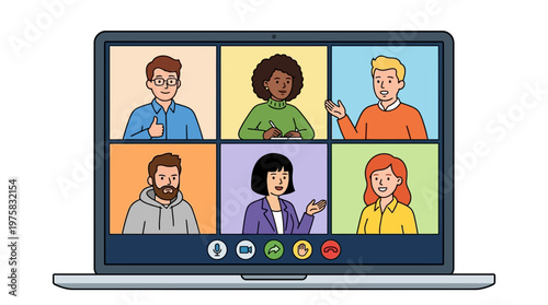 Cartoon people in a virtual meeting on a laptop screen with six tiles