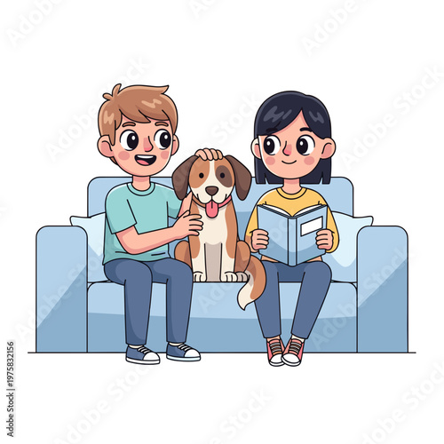 teenagers  sitting on a couch with a dog and reading a book  