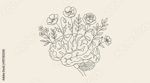 Mindful Growth Elegant Line Art Illustration Depicting a Human Brain with Blossoming Flowers, Symbolizing Mental Well-being, Creativity, and Inner Harmony