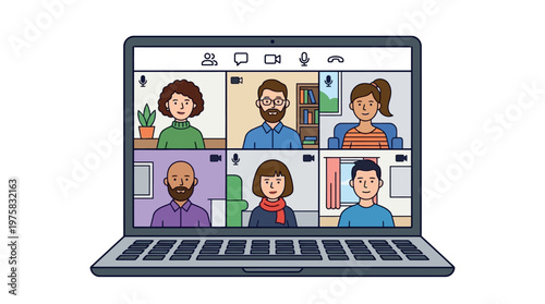 Cartoon people participate in a virtual meeting on a laptop screen with video calls and microphones.