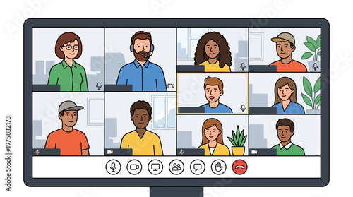 Diverse group of professionals engaged in a virtual meeting on a computer screen