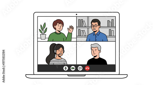 Cartoon illustration of four people on a video conference call