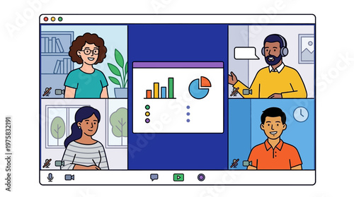 Four diverse colleagues engage in a virtual meeting with data presentation on screen
