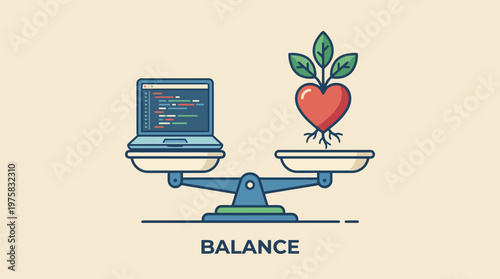 Conceptual illustration of work-life balance, weighing a technology career with coding against personal growth, health, and emotional well-being