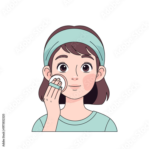 Adolescent girl applying face powder with gentle expression indoors  