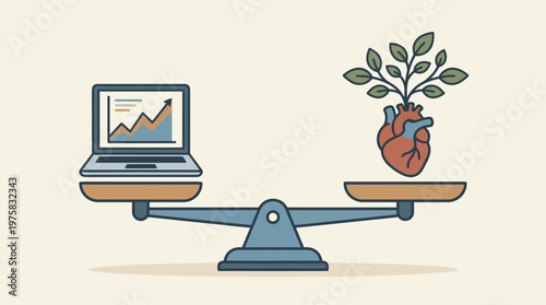 Work-life balance concept A scale visually depicting professional technology and business growth balanced with personal health and well-being