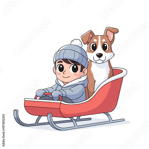 Adolescent boy riding on sled with dog during winter season  