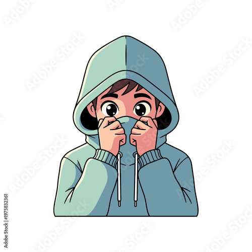 Adolescent boy covering face with hooded sweatshirt in casual style  