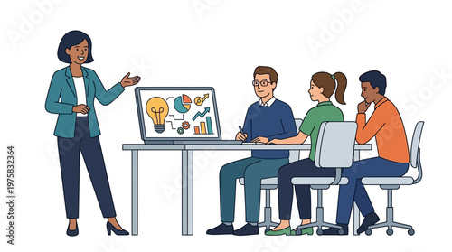 Businesswoman presents data and ideas with graphs to a team