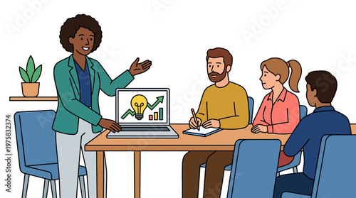 Businesswoman presents ideas to colleagues with laptop and graph