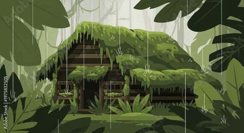 Rustic jungle hut covered in lush green moss and foliage