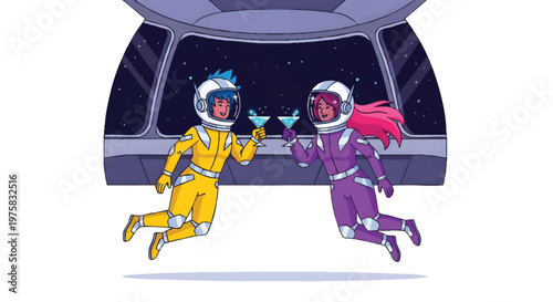 Astronauts floating in space with helmets and suits on
