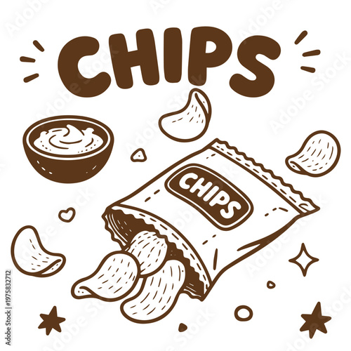 Chips snack pack with potato crisps fast food set
