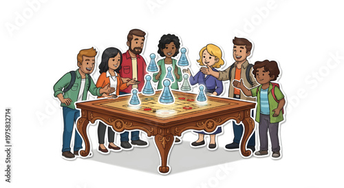 Diverse group of people gathered around a table with beakers