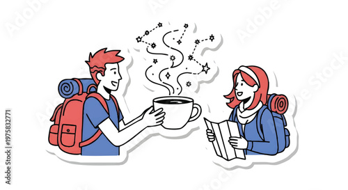 hikers sharing hot beverage and map on adventure
