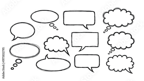 Thinking Bubbles of Communication: A collection of various hand-drawn speech bubbles, perfect for illustrating thoughts, ideas, or dialogue.