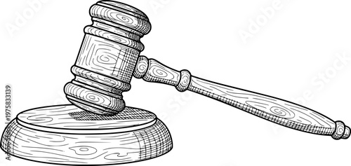 Wooden judge's gavel and sound block in black and white sketch, justice concept. Vector illustration
