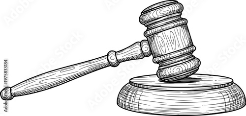 Wooden judge's gavel and sound block in black and white sketch, justice concept. Vector illustration
