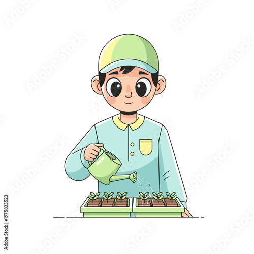 Boy watering seedlings in greenhouse with gardening tools. Adolescent watering greenhouse seedlings