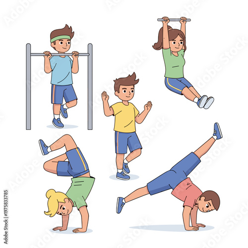 Teenagers practicing street workout exercises in active poses, Teen street workout calisthenics  