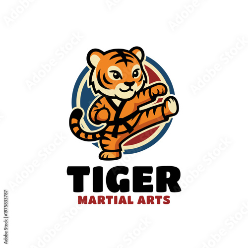 A dynamic tiger in a karate gi striking a powerful pose, symbolizing strength and discipline in martial arts, perfect for promoting fitness programs or classes.