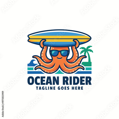 This lively logo features an octopus riding a surfboard, evoking a sense of adventure and tropical fun, perfect for a brand highlighting surfing culture and ocean activities.