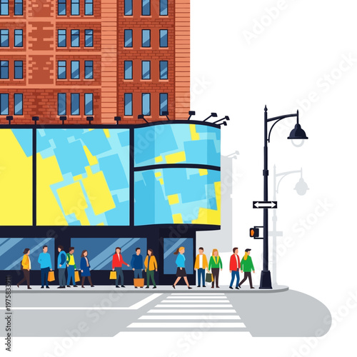 Urban Street Scene: People Walking on Sidewalk and Crosswalk Near Modern Building with Billboard