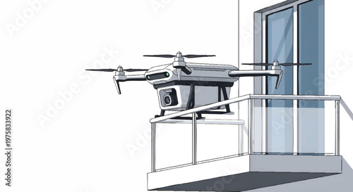 Drone flying near a modern building with glass wall