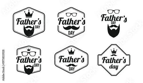 Six black and white hipster style father's day badges with beards crowns and glasses symbol