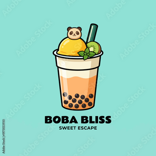 A delightful image of a refreshing boba tea drink topped with a playful panda, symbolizing joy, sweetness, and bliss in every sip, perfect for beverage enthusiasts.