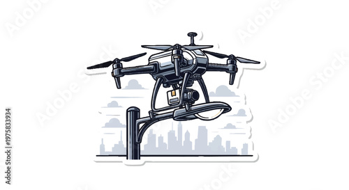 Drone flying over city skyline with modern technology