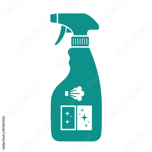 Teal Spray Bottle with Cleaning Icons - Vector Illustration