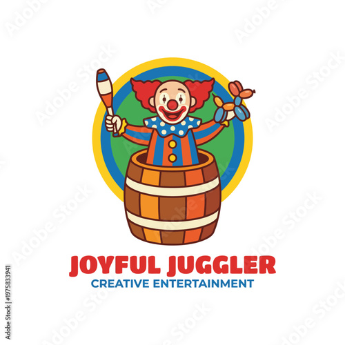 This playful image features a joyful clown juggling in a barrel, bringing smiles and laughter while showcasing the magnificent art of entertainment and fun.