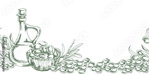 Olives branches, bunch and glass oil jar ink graphics seamless border .Hand drawn engraved banner with vegan Italian and Greek food, south summer vegetables for salad clipart for menu,restaurant decor