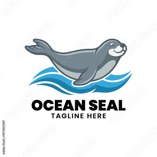 This playful seal glides through stylized ocean waves, capturing a sense of joy and freedom in a delightful cartoon-like style for aquatic-themed projects.