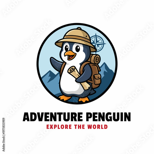 This brave penguin dons a safari hat and gear, holding a map, exuding a spirit of adventure and exploration, perfect for travel or discovery-themed branding.