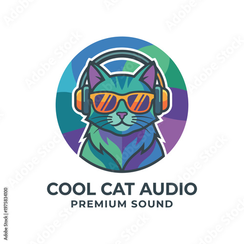 A vibrant illustration of a cool cat sporting sunglasses and headphones, representing a modern take on music culture and lifestyle, appealing to pet lovers and music enthusiasts alike.