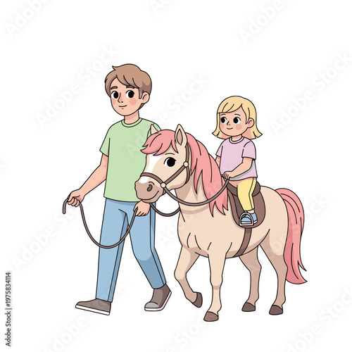 Boy leading pony with girl riding and smiling on white background, Teenager walking pony child