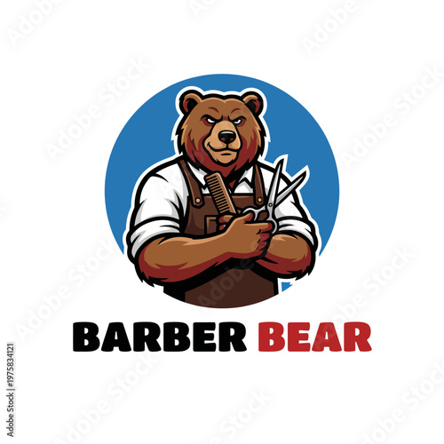 A charming bear dressed as a barber holds hair cutting tools in a friendly pose, representing a whimsical take on barbering and grooming services, appealing for personalized brands.