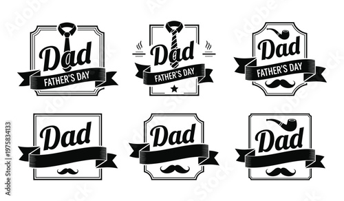 Six decorative black and white father's day labels with moustache and tie fathers