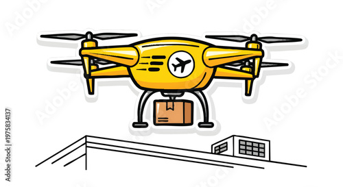 Yellow drone delivering package to building rooftop