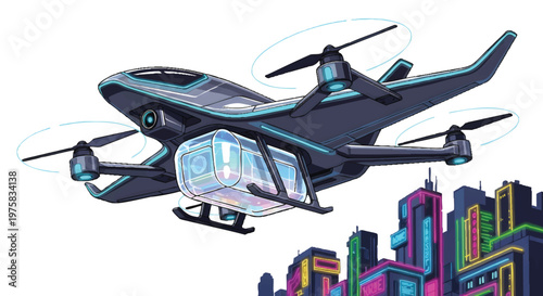 Futuristic drone flying over cityscape with neon lights