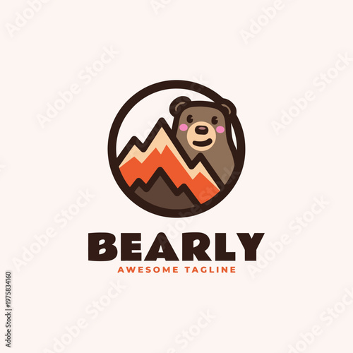 A charming illustration of a bear smiling in front of stunning mountains, embodying fun, nature, and adventure, making it a perfect representation of wildlife and exploration.