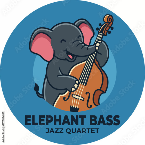 This illustration shows a whimsical elephant happily playing the double bass in a jazz quartet, creating a fun and lively atmosphere perfect for music lovers.