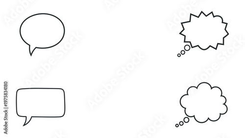 Empty Discourse Bubbles: A quartet of varied dialogue bubbles, offering a visual invitation for words to come to life, ready to embrace a multitude of potential thoughts.