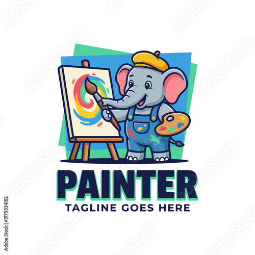 A delightful depiction of a cheerful elephant wearing a beret, painting a vibrant canvas with colorful swirls, embodying creativity and artistic expression.