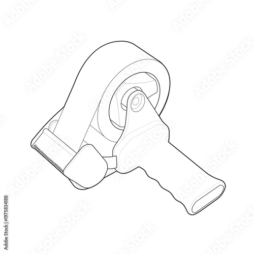 Isometric handheld packing tape dispenser gun and carton sealing tool linear drawing