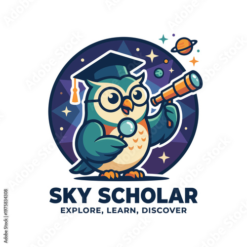 This vibrant illustration features a wise owl in a graduation cap, holding a telescope and a magnifying glass, symbolizing education and curiosity about the universe.